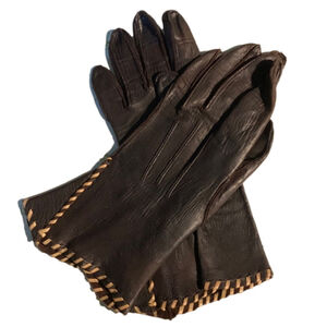 Perrin Brown leather table cut gloves with tan stitching.
